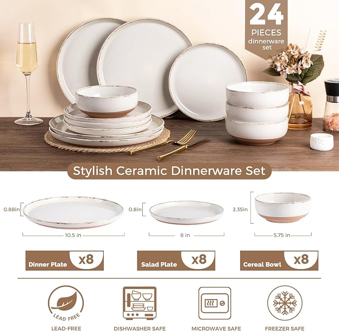 AmorArc Dinnerware Sets for 8, 24 Pieces Ceramic Plates and Bowls Set | Scratch Resistant Stoneware Dishes Set, Dishwasher & Microwave Safe, Light Beige