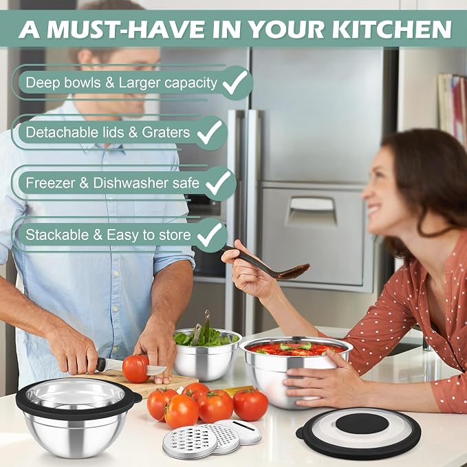 TeamFar Mixing Bowls, 3PCS Stainless Steel Serving Salad Bowls | with Lids & 3 Graters for Kitchen Mixing/Baking/Storing/Prepping, Visible & Airtight, Easy Clean - 4.5/3/1.5 QT, Black