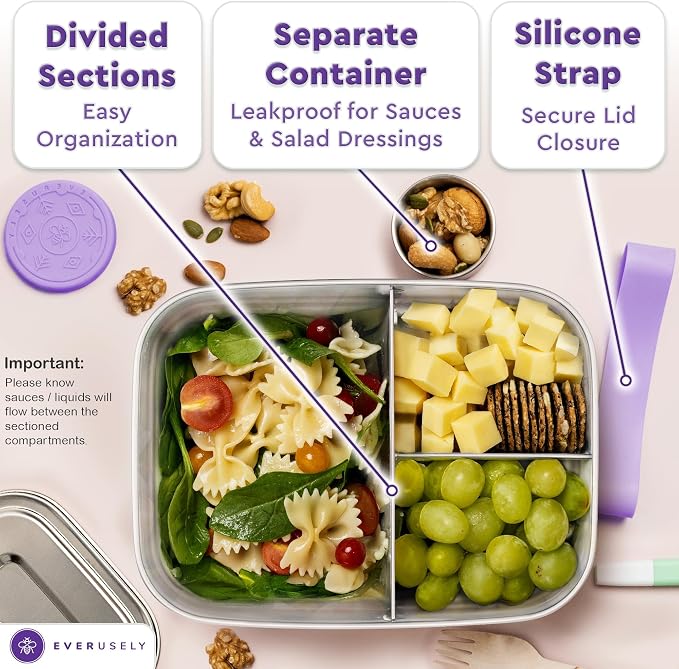 Stainless Steel Bento Box + Condiment Container - Lavender, 60oz / 1.8 L | Everusely extra large metal lunch box, leakproof sauce container, 3 compartment snack organizer, freezer & dishwasher safe