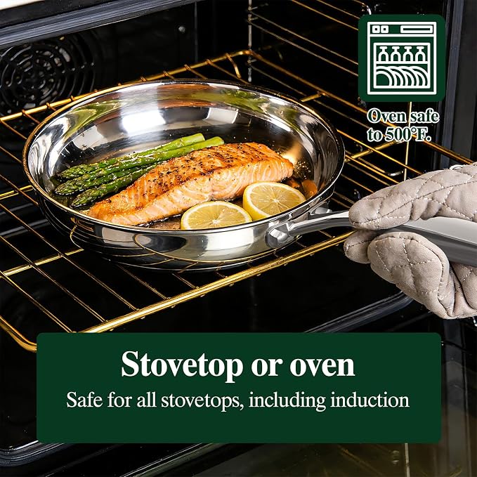 Umite Chef 5 Ply Stainless Steel Frying Pan 8 inch, Non Toxic Professional Stainless Steel Skillets, Dishwasher and Oven-Safe Chef Pan, PFOA&PTFE Free Cookware, Fast & Even Heat, Stay-Cool Handle