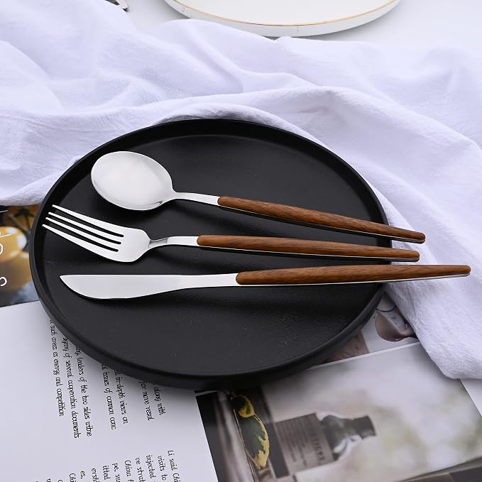 16-Piece Silverware Set with Cake Fork, Silver Stainless Steel Flatware Cutlery, Eating Utensils with Wooden Effect Handle, Includes Knife, Fork, Spoon, Mirror Finish, Dishwasher Safe