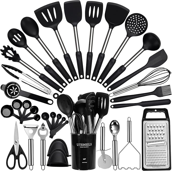 Fyvva 35 Pcs BPA Free Silicone Kitchen Utensils Set Stainless Steel Handles | Food Grade Silicone, Heat Resistant, Safe for Nonstick Cookware, Dishwasher Safe, Black with Holder, for Cooking & Baking