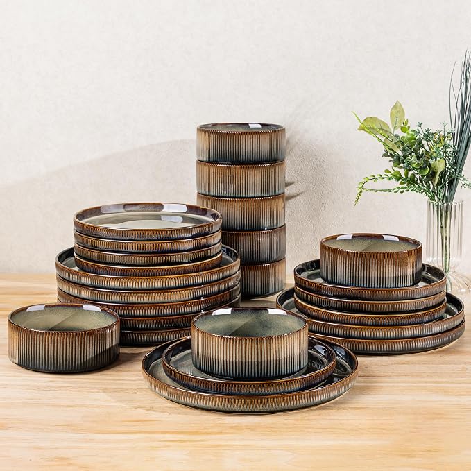 Ceramic Dinnerware Set for 8, 24-Piece Plates and Bowls Set | Lightweight Porcelain Dish Set, Scratch Resistant, Oven & Microwave & Dishwasher Safe, Cocoa Mocha