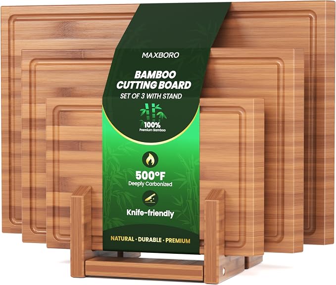 Bamboo Cutting Board for Kitchen, Double-Sided with Stand, Brown | 3-piece Chopping Board Set With Juice Grooves, Vertical Storage Rack, and Comfort Side Handles for Effortless Meal Prep