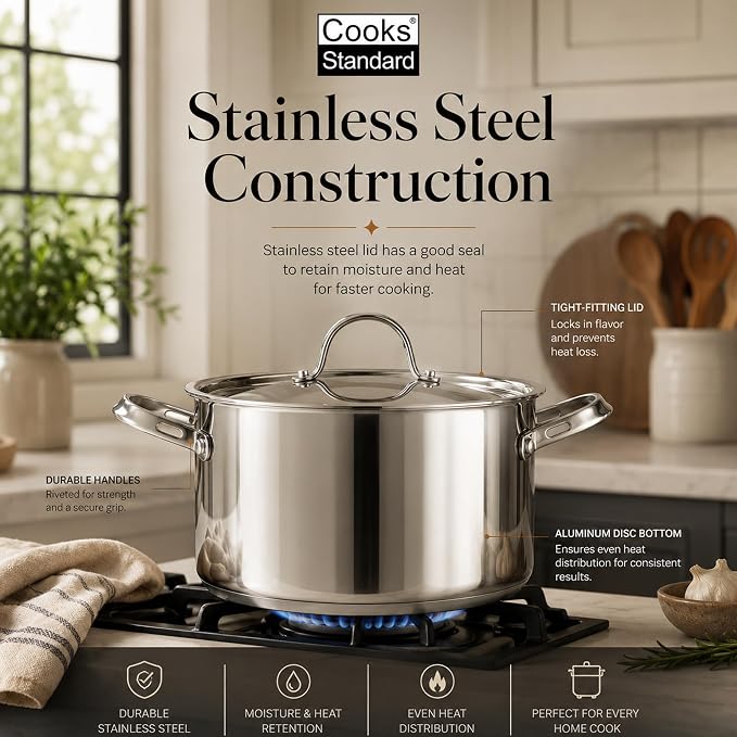 Cooks Standard Heavy Duty Stainless Steel Stock Pot - Large Deep Pot | 8 Quart Stainless Steel Stock Pot with Lid, Thick Bottom Deep Cookware for Pasta, Spaghetti, Canning & Family Meals