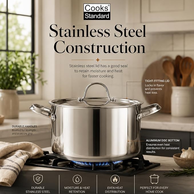 Cooks Standard Stainless Steel Stock Pot - Induction Deep Cookware | 6 Quart Stainless Steel Stock Pot with Lid, Heavy Duty Thick Bottom for Pasta, Soups, and Small Family Meals