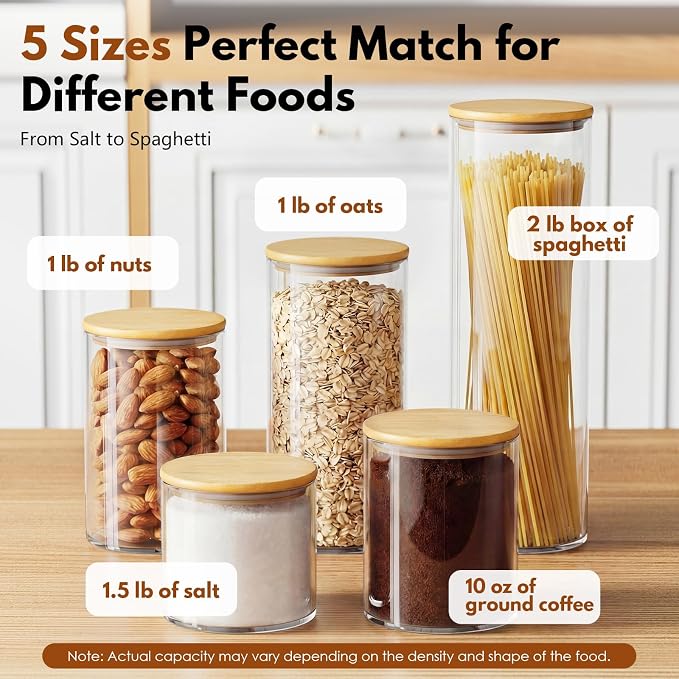 5 Pack MultiSize Glass Jar with Lid, Coffee Storage Canister for Candy | Seal, BPA-Free, Bamboo Lid, Coffee Bar Accessories, for Coffee Beans, Creamer, Salt, Overnight Oats, Brown sugar, Candy, Tea
