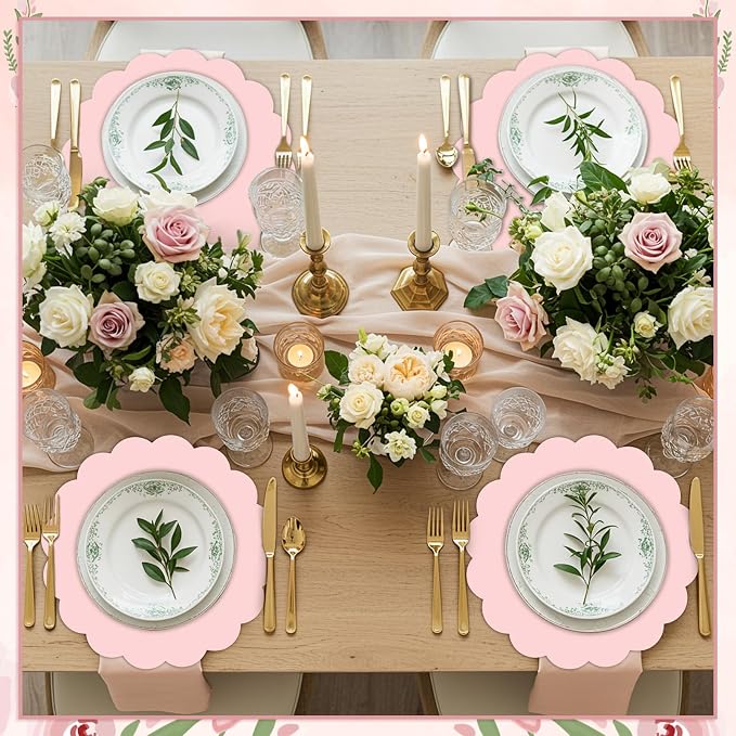 60 Pcs Light Pink Paper Placemats, 13.5 Inch Disposable Scalloped Placemat | Round Table Place Mats Decorative Paper for Girls Birthday Wedding Bridal Shower Baby Shower Banquet Tea Party