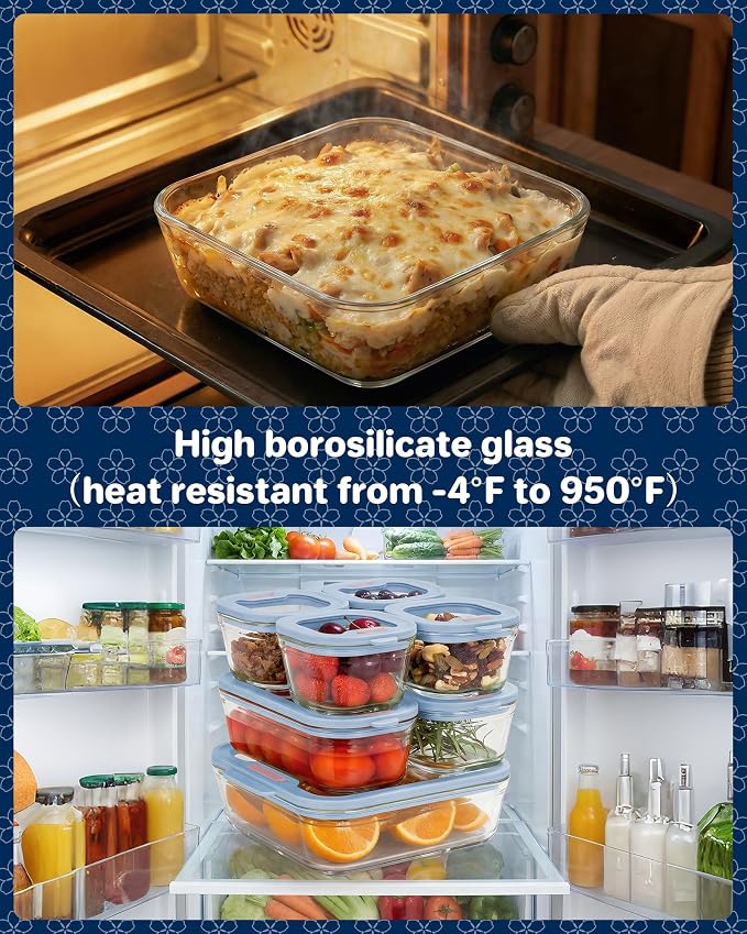 1-Pack Glass Food Storage Containers with Tempered Lids, 5.7Cup Borosilicate Glass Meal Prep Containers, Airtight & Oven-Safe (-4°F~950°F), BPA-Free, （Light blue）