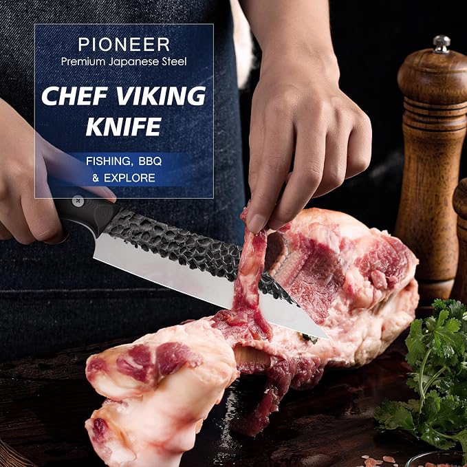 FINTISO Chef Knife 7 Inch, Boning Knife with G10 Handle, Sharp Viking Knife | Professional Butcher Knife with Ergonomic Full-Tang Handle, Japanese Kitchen Knife for Home, Camping & BBQ