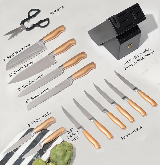 Black and Gold Knife Set for Kitchen with Block – 14-Piece Ultra-Sharp Stainless Steel Knives with Gold Handles and Built-In Sharpener – Stylish Kitchen Accessories for Cooking and Decor | Ultra-Sharp Stainless Steel Knives with Gold Handles & Built-In...