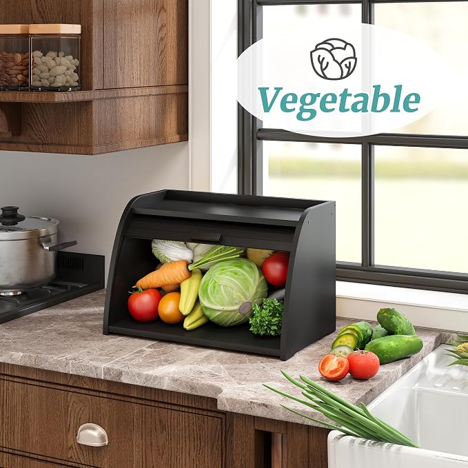 Black Bread Box for Kitchen Countertop, Bamboo Wood Bread Box, Wooden Corner Bread Storage Capacity