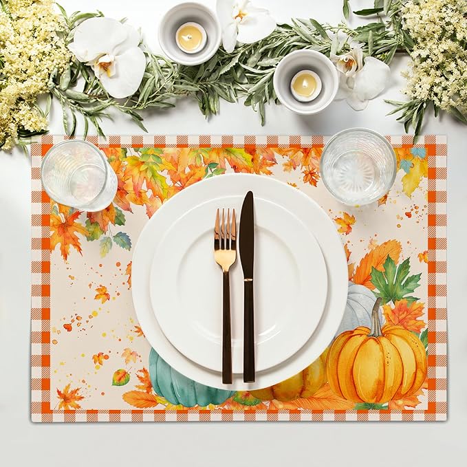 Fall Thanksgiving Placemats Set of 6 18x12 Inch Autumn Pumpkins Maple Leaves Linen Place Mats Heat-Resistant Washable Wipeable Orange Plaid Table Mat for Party Kitchen Dining Room Dinner Table Decor