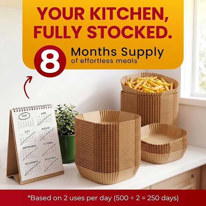 500Pcs Air Fryer Liners Disposable | Non-Stick and Oil Proof for Easy Cleanup Airfryer Liners, 8” Square for 5-8 qt Basket by Baker's Signature