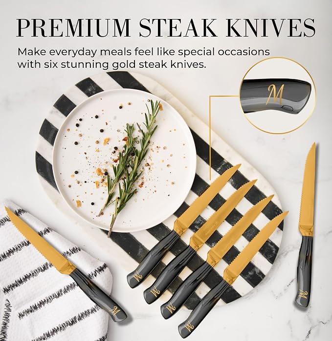 Personalized Black and Gold Knife Set with Block and Sharpener, 14-Piece | Custom Engraved Titanium-Coated Gold Knives - Full Tang, Stainless Steel, Ergonomic, Gift-Ready