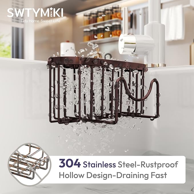 SWTYMIKI Sponge Holder for Kitchen Sink - Movable Kitchen Sink Caddy with M Shape Hook, Stainless Steel Hanging Sponge Caddy for Dish Sponge, Brush, Stopper Organizer in Double Bowl Sink, Bronze