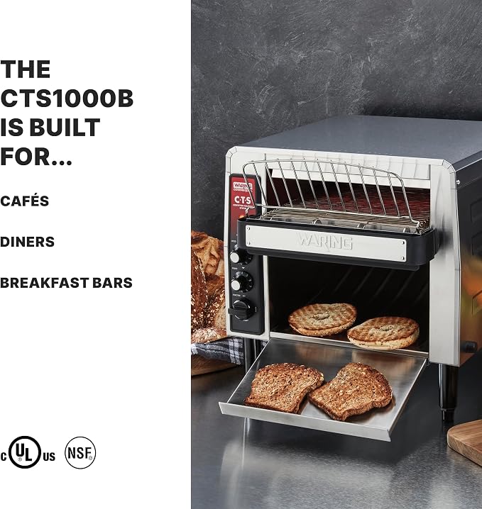 Waring Heavy-Duty Conveyor Toaster with 1000+ Slices per Hour | 1000+ Slices per Hour, Stainless Steel Construction, for Cafes & Restaurants, NSF Certified, 208V