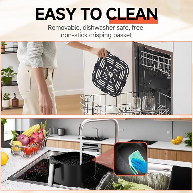 Qido Air Fryer, 5.28 QT Square Airfryer with Visual Window, 400°F Fast Heating Air Fryers Oven with One-Touch Presets, Auto-Off, Dishwasher-Safe Nonstick Basket, Multiple 8 in 1 Function, Light Black