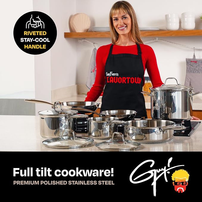 Guy Fieri's Flavortown 10-Piece Stainless Steel Cookware Set | Frying Pans, Saucepans, Saute Pan & Stock Pot, Oven-Safe up to 500F