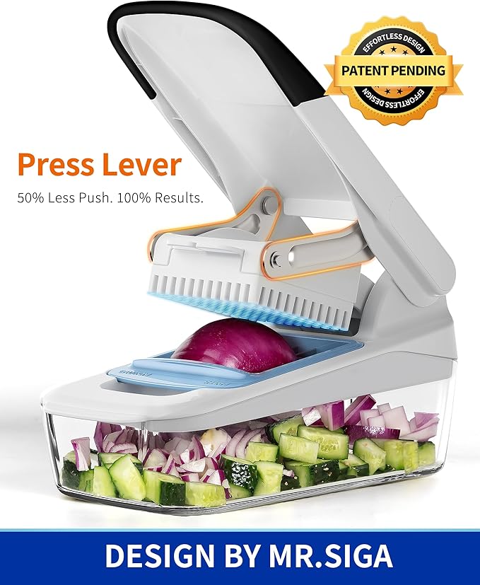 MR.SIGA Vegetable Chopper with Container, Vegetable Cutter for Onion Fruit | 50% less effort for every chop, 2 in 1 manual food veggie chopper with 2 stainless steel chopping blades