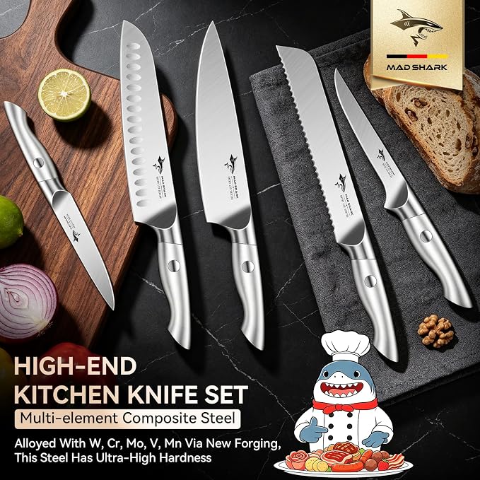 MAD SHARK Kitchen Knife Set,5PCS High Carbon Stainless Steel Chef Knife Set | Ultra Sharp Blades, Ergonomic Non-Slip Grip Kitchen Cutlery Set With Gift Box, Great For Daily Cooking & Holiday Gifting