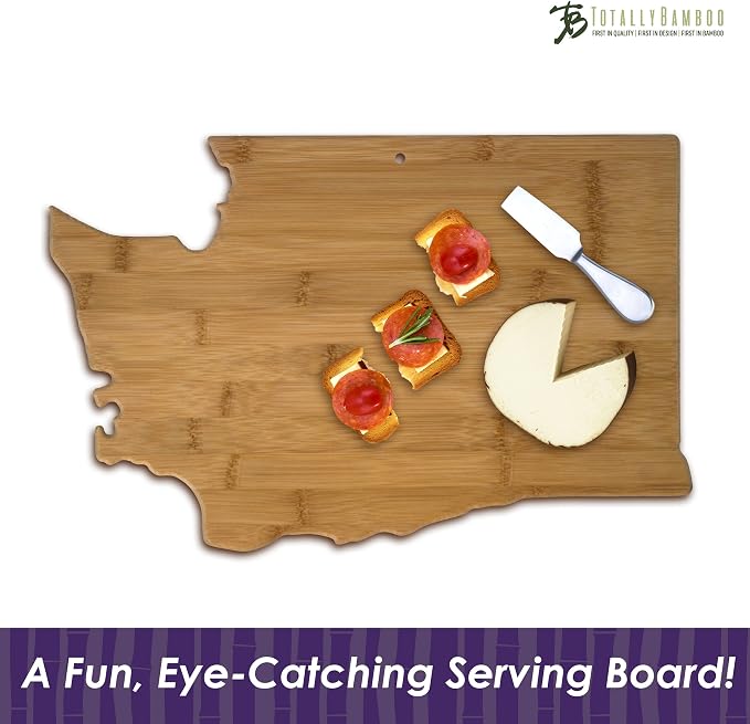 Totally Bamboo Washington State Shaped Bamboo Serving and Cutting Board | State charcuterie board with natural bamboo grain. Knife-friendly surface for food prep. Hang tie for wall display.