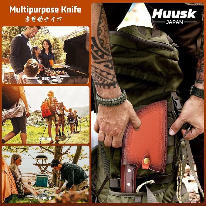 Huusk Meat Cleaver Knife with Sheath, Hand Forged Chopping Butcher Knives | Heavy Duty Serbian Chef Knife for Meat & Bone Cutting, Full Tang Ergonomic Wood Handle, BBQ Camping Gift for Men & Dad