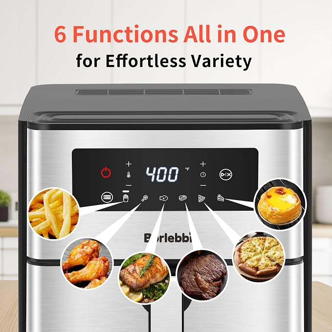 Air Fryer, 10 Quart Large Air Fryer with 6 Cooking Functions, 1700W | 10 Quart Capacity, 1700W Power, 6 Cooking Functions, 400°F Temp Controls in 5° Increments, Nonstick Dishwasher-Safe Parts