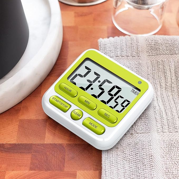 4-in-1 Digital Timer with Count Up/Down, Clock & Alarm, Ring & Silent Modes | Large 2.8-Inch easy-read LCD, On/Off switch, 24-Hour count up/down, Fast-forward function, Magnetic back, stand, hanging hole