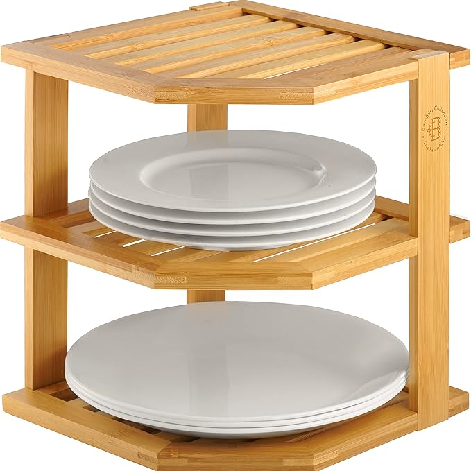 Bambüsi Plate Organizer for Cabinet, Corner Shelf Kitchen Organizer, Bamboo | 3-Tier Countertop Rack, Space-Saving Corner Organizer, Holds Plates Bowls Mugs Cups, Dish Storage Organization, Easy Assembly