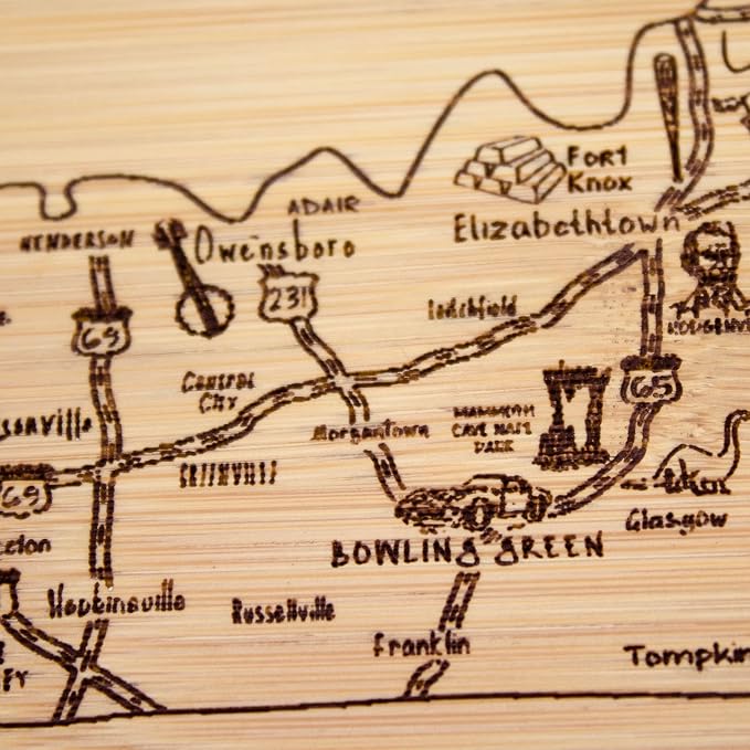 Totally Bamboo A Slice of Life Kentucky Engraved Map Cutting Board | 11” x 8.75” charcuterie board with engraved state map artwork. Smooth reverse side for food prep. Hang tie for wall display.