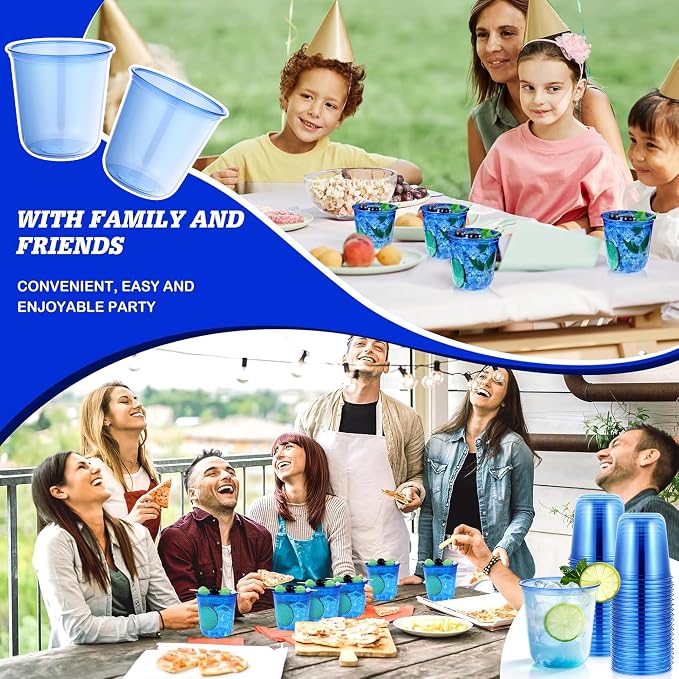 KesaPlan 100Pcs 12oz Blue Plastic Party Cups, Disposable Wine Cocktail Cups | Cute Crystal Wine Stemless Glasses, Round Bottom PET Cold Drink Cups for Wedding Birthday Meeting Christmas Baby Shower Party