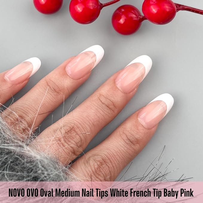 NOVO OVO White French Tip Oval Nail Tips Press on BABY PINK, Extra Thick Medium Soft Gel Fake Nail Acrylic Extension, Need Builder Gel Top Coat, No Glue Included, for Salon DIY x 15 Sizes 240 pcs