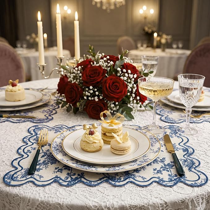 Linen Placemats Set of 12 Scalloped Placemat 13 X19 Wavy Embroidery Double Layered Washable Farmhouse Dinner Fabric Table Mat Napkin for Wedding Party Restaurant(Floral,Blue)