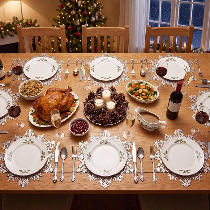 ADRIMER Snowflake Placemats Set of 8, Silver Vinyl Table Mats 15 Inch | Easy to Clean Placemat, Heat Resistant Hollow Wipeable Table Placemats for Thanksgiving Christmas Wedding Holiday Decor