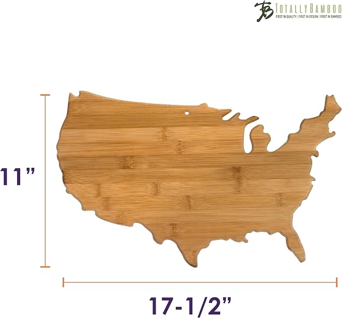 Totally Bamboo United States of America Shaped Bamboo Serving and Cutting Board | USA-shaped charcuterie board with natural bamboo grain. Knife-friendly surface for food prep. Hang tie for wall display.