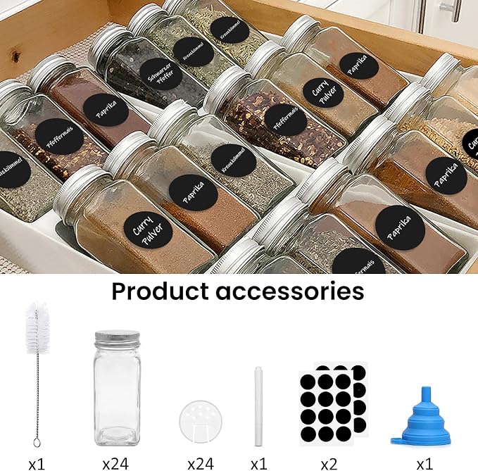 24 Spice Jars With Labels, Seasoning Containers, Includes Funnel, Marker Pen, Brush, Stickers, 4oz Capacity for Spice Rack, Drawer, Cabinet