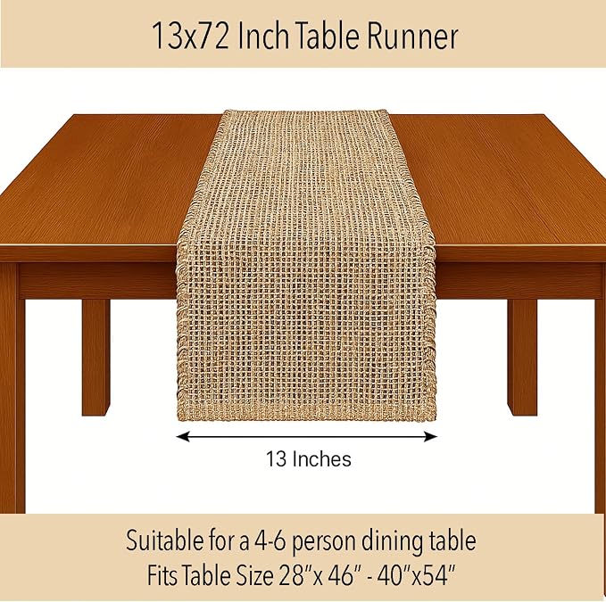 Natural Jute Table Runner 13x72 Inch – Vintage Boho Rustic Table Decor – Handwoven Table Runner in Natural Jute and Brown – Farmhouse Dining or Console Table Accent