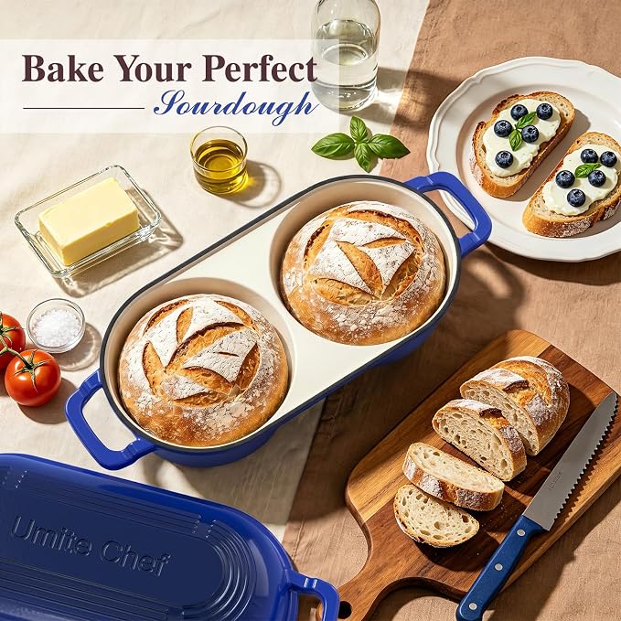 Umite Chef Mini Double Dutch Oven for Sourdough Bread Baking - Enameled Cast Iron Dutch Oven Pot with Lid and 5" Banneton Bread Proofing Basket Kit, Dual Round Bread Loaf Pan for Bread Baking (Blue)