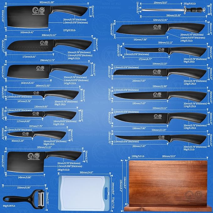 XYJ Professional Knife Sets for Master Chefs, Knife Block Set | Meat Cleaver Butcher for Camping,Chef Knife Set with Magnetic Knife Block,Stainless Steel Kitchen Knives Tools Kit