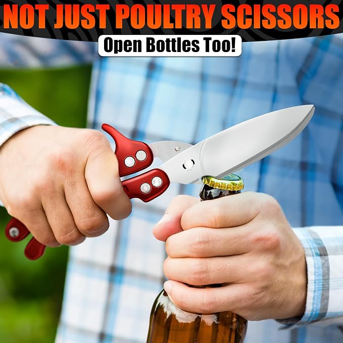 Kitchen Shears Heavy Duty, Safety Lock, Stainless Steel (Red) | Poultry Shears for Chicken, Turkey, Spatchcock, Fish; Bone Cutting Scissors, Micro-Serrated, Spring-Loaded, Separate to Clean