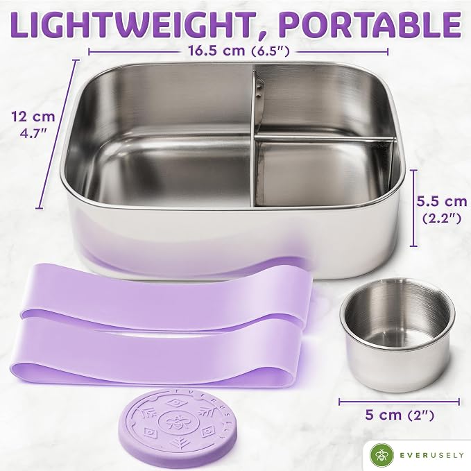 Stainless Steel Bento Box + Condiment Container - Lavender, 27oz / 0.8 L | Everusely metal lunch box, leakproof sauce container, 3 compartment snack organizer for travel, freezer & dishwasher safe