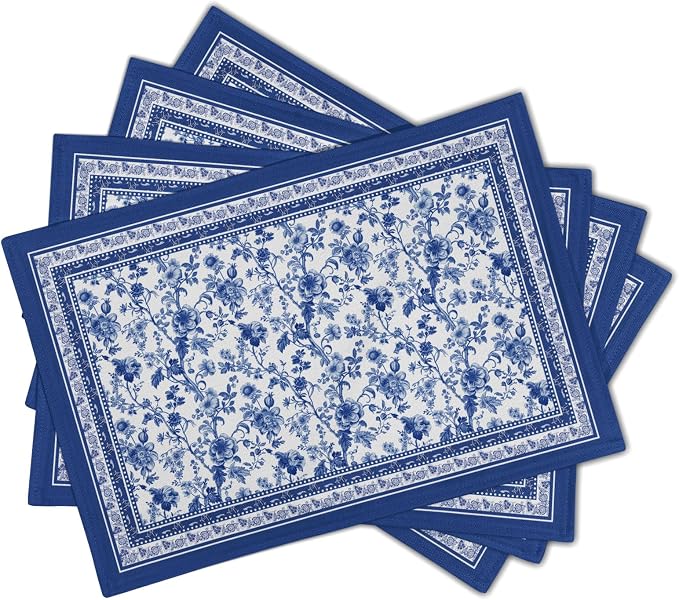 Blue Floral Branches Placemats Set of 4 ，12 x 18 Inch Chinoiserie Table Mats Washable Heat Resistant Linen Fabric Rectangle Place Mat for Indoor Outdoor Kitchen Dining Home Decor
