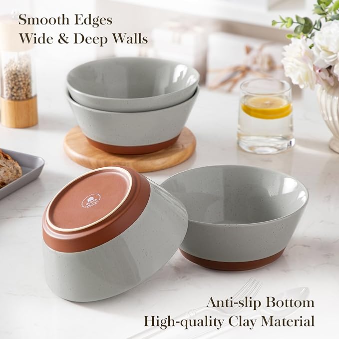 MALACASA Soup Bowls, Ceramic Salad Bowls Set of 4, 36oz Ceramic Bowls | Speckled Deep Bowls for Ramen, Cereal, Fruit and Pho, Microwave & Dishwasher Safe, Stackable, Grey & Brown, Series TARA