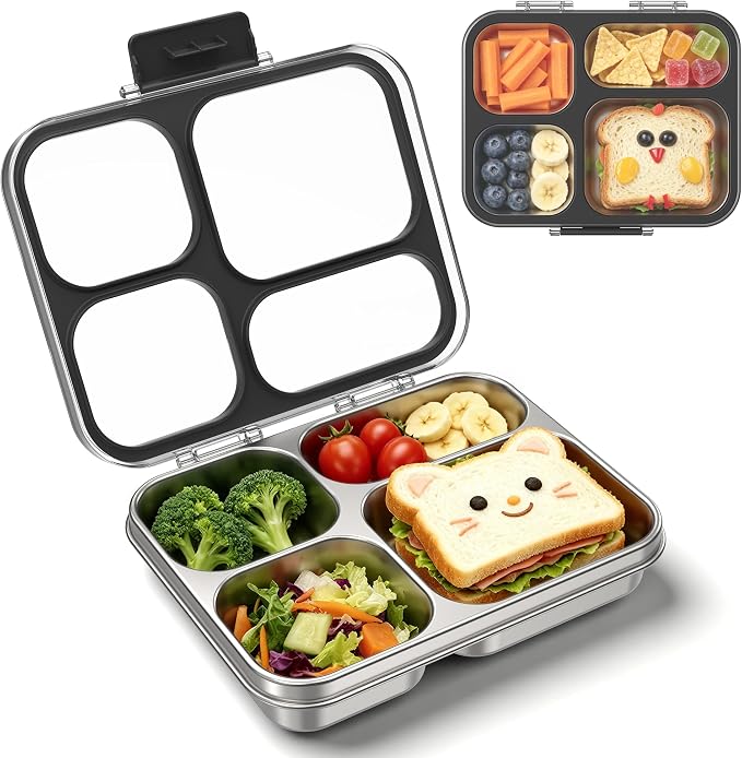 Stainless Steel Lunch Box for Kids, Leakproof 4 Compartment Kids Bento Lunch Box with Clear Lid, BPA-Free Steel Lunch Box Containers for School Travel (Black)