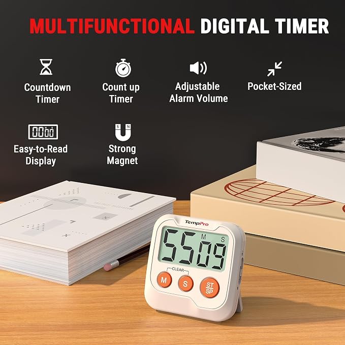 TempPro TM03 Digital Timer with 2 Alarm Volume & Strong Magnetic Back | Mini-Sized Kitchen Timers for Cooking, Digital Timer for kids & Teachers, Classroom Supplies, Exercise, Baking, Work, 2-Pack