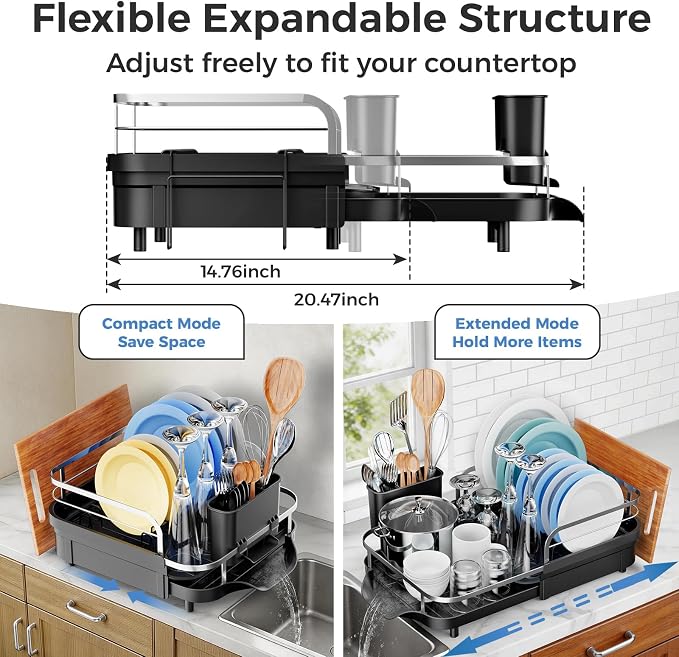 Expandable Stainless Steel Single Tier Dish Drying Rack, Auto Drain Dish Drainer for Kitchen Counter with Rotatable Multi-Slot, Drainboard, Utensil & Cutting Board Holder, 15"-22.4" Adjustable Length