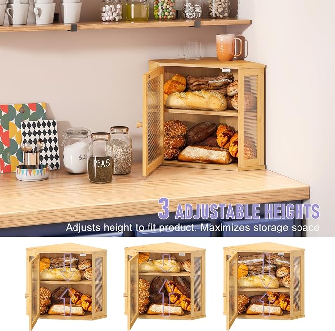 Corner Bread box for Kitchen Countertop,Farmhouse Bread Box with Acrylic Wavy Door Panel,Large Bread box for kitchen countertop,Kitchen Countertop Food Storage Container (Natural, Meduim)