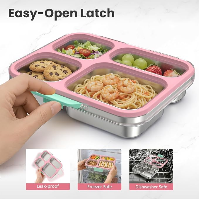 HOMEKOL Stainless Steel Bento Lunch Box, 4 Cups, Pink | 4-Compartment Leak-Proof Metal Lunch Container for Kids & Adults, BPA/BPS-Free, Dishwasher Safe, Clear Lid, (Not Insulated)