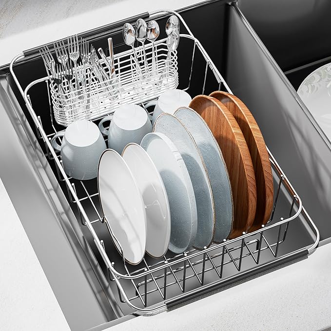 JAQ Over Sink Dish Drying Rack, Expandable 14.96"–22.44" Adjustable Dish Rack for Kitchen Sink, 304 Stainless Steel Dish Drainer with Utensil Holder, Space Saving for Most Standard Kitchen Sinks